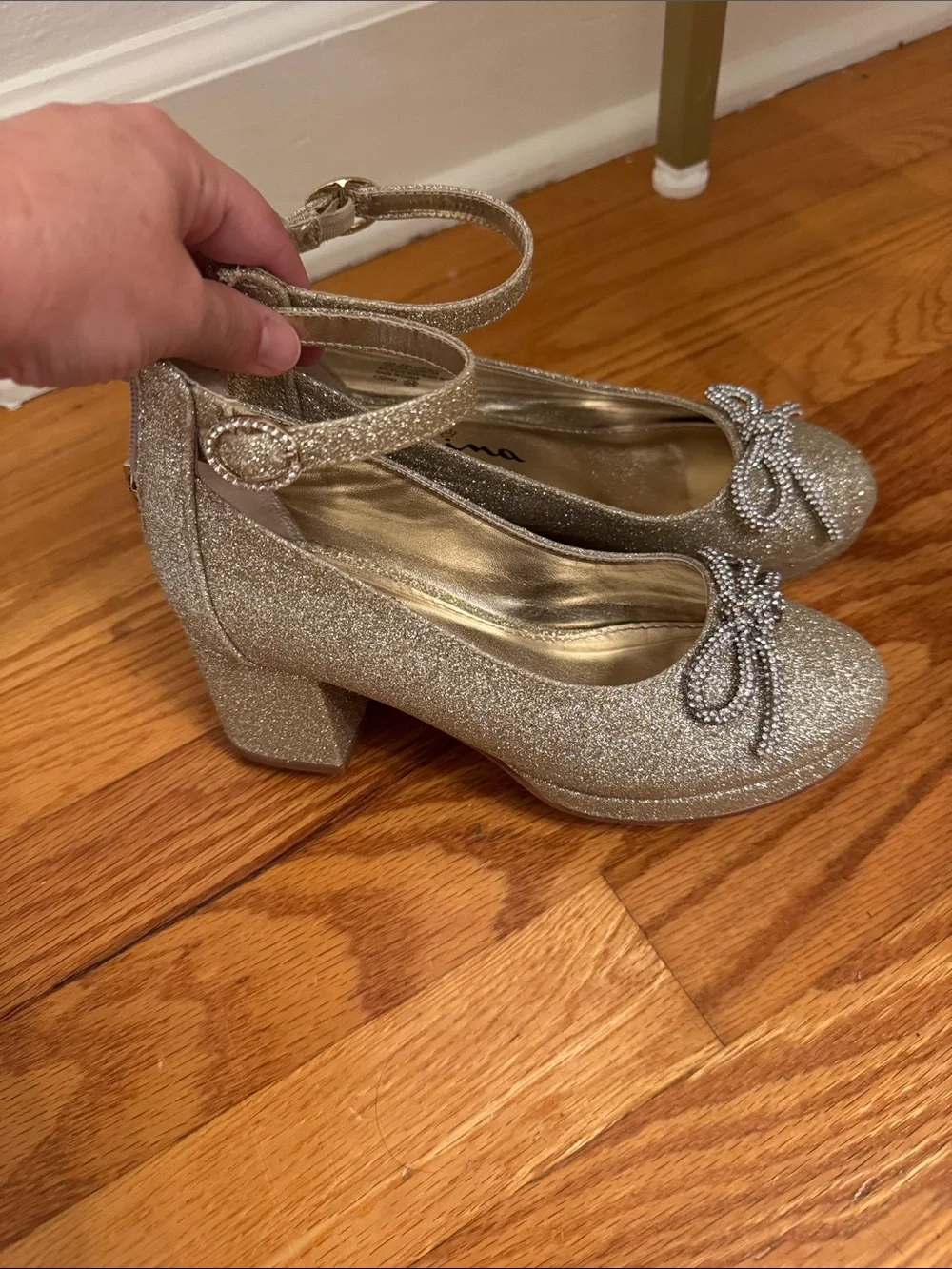 Nina Gold Glitter Ankle-Strap Dress Shoes with Crystal Bow